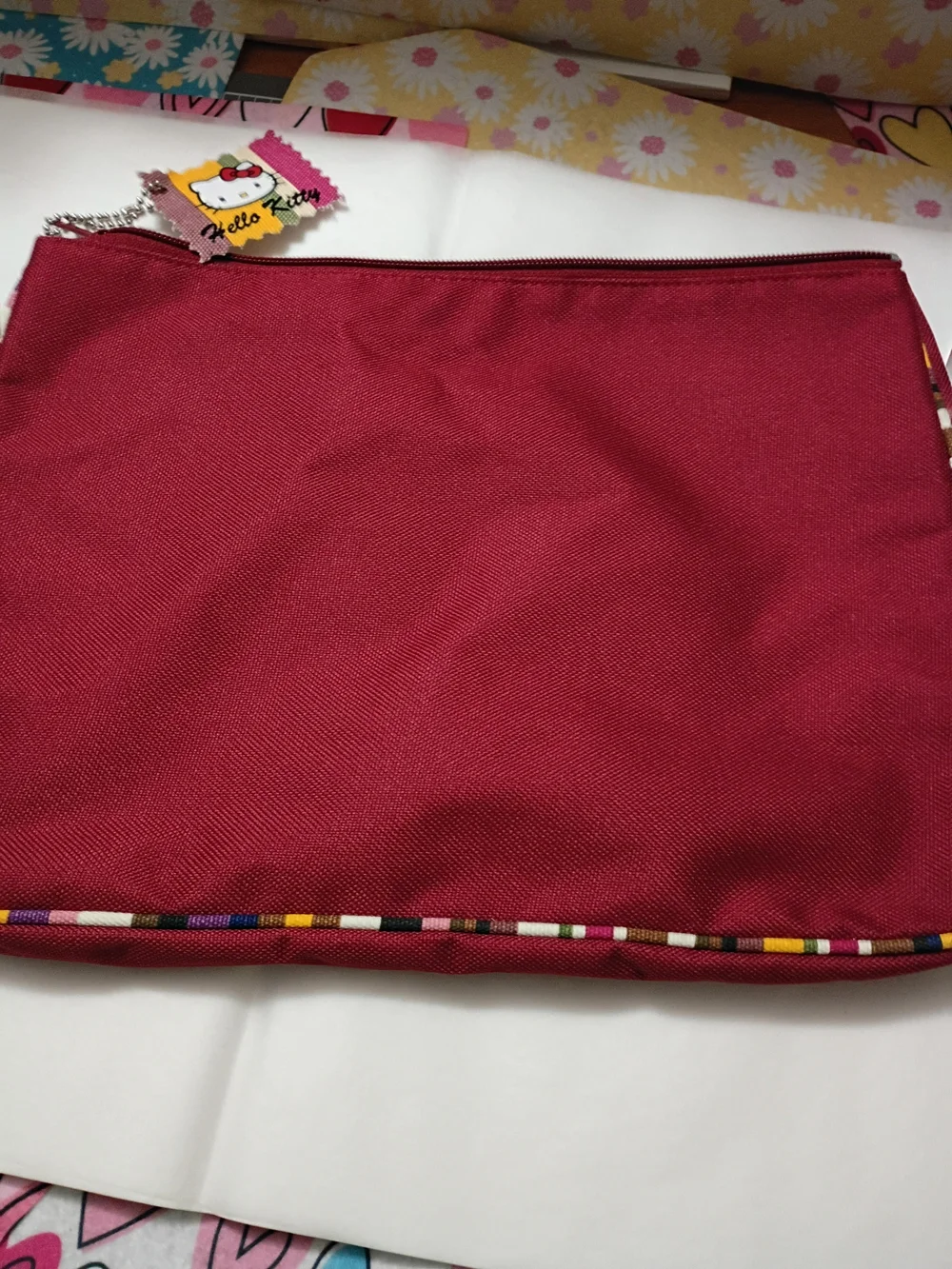 Hello Kitty Burgundy Red Zip Pouch with Multicolor Trim